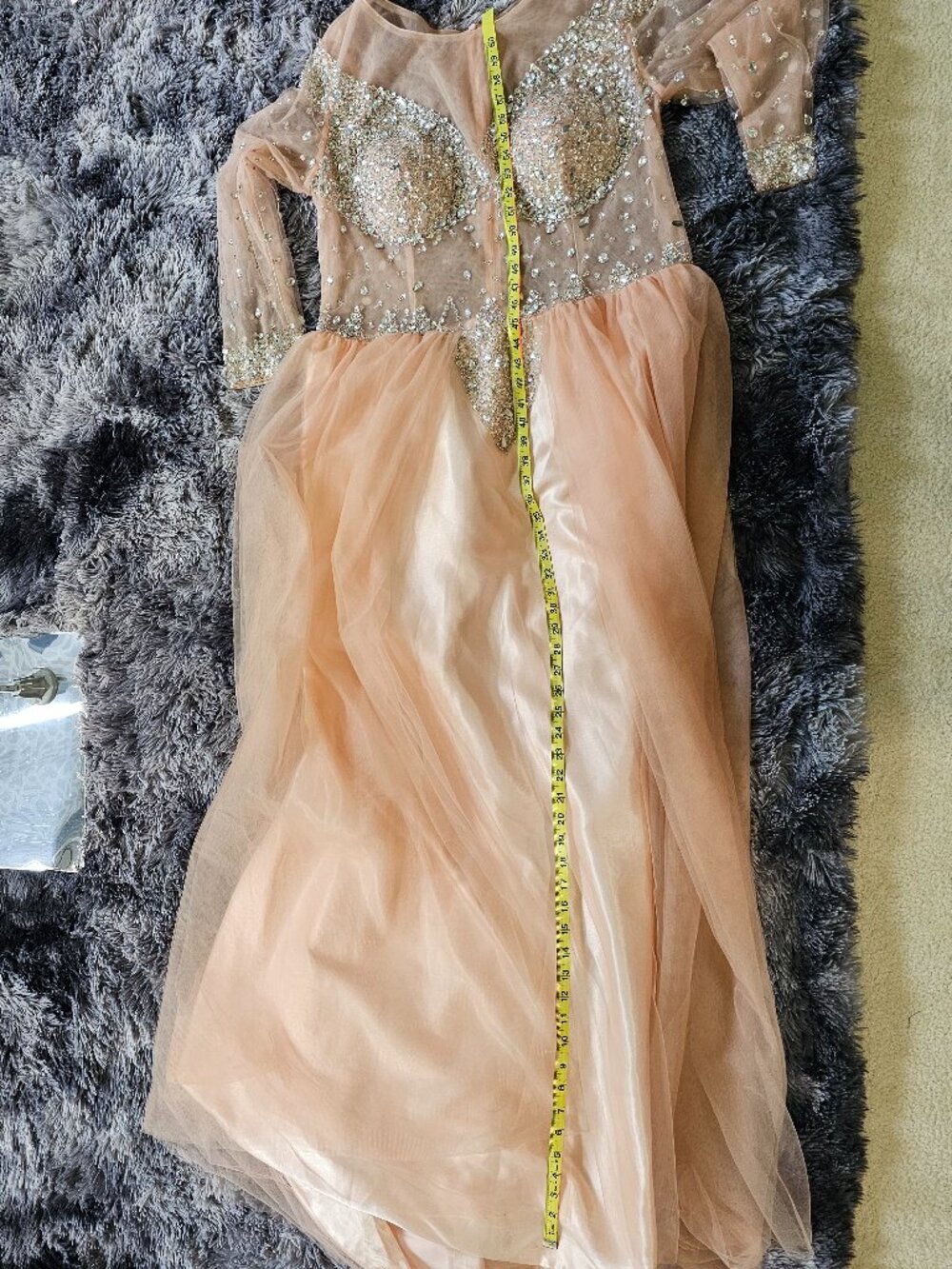 Rhinestone‑Embellished Peach Sheer‑Sleeve Gown - Picture 8 of 8